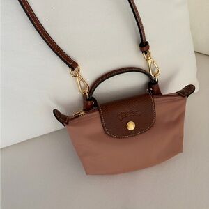 NWT Longchamp “Pink Tea” Mini Bag with Brown Trim & Crossbody Strap